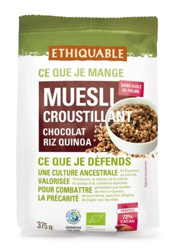 MUESLI MET PURE CHOCOLADESNIPPERS 72%, RIJST, QUINOA