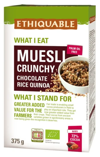 Boite de Muesli chocolat noir riz quinoa bio et équitable