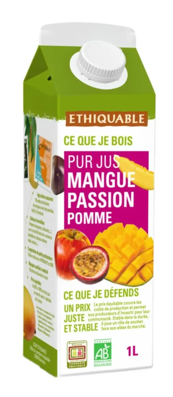 Brique de Pur jus de mangue passion bio et équitable. 1 litre