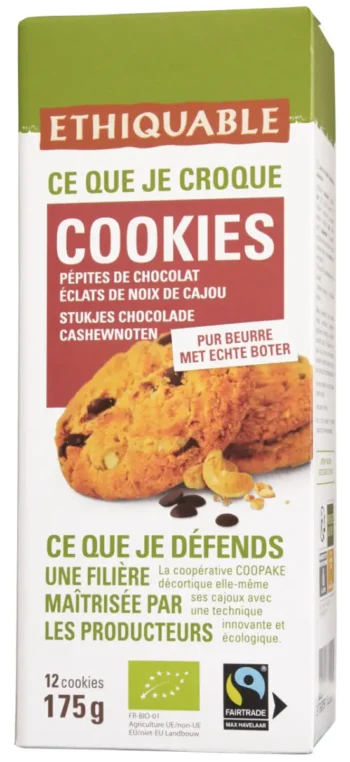 Boite de cookies bio et équitable avec pépites de chocolat et éclats de cajou