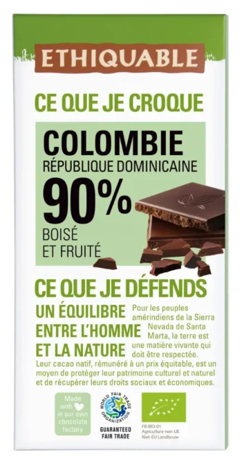 Tablette de chocolat noir 90%  Colombie République Dominicaine