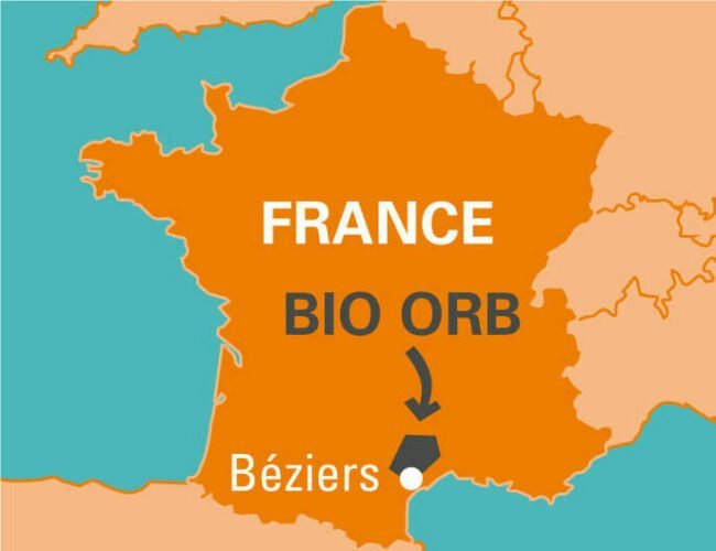 Carte de la coopérative BIO ORB en France, producteurs d'huile essentielle près de Béziers
