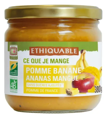 Purée de pomme mangue banane ananas en bocal de 380 grammes.